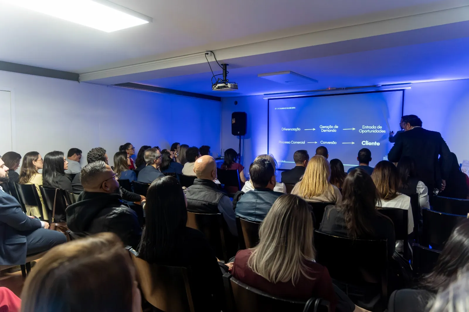 Plateia assistindo a uma apresentação corporativa no Auditório